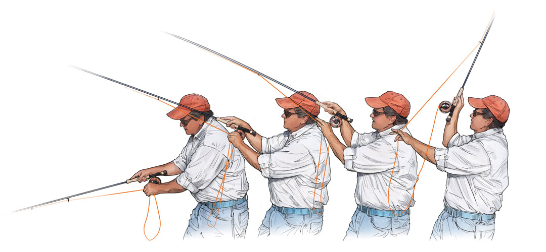 fly fishing illustration depicting the overhead pick-up