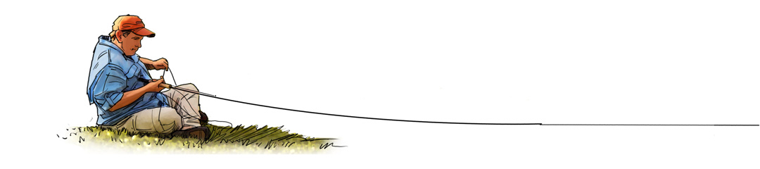Illustration of a fly fisherman demonstrating a kayak fishing technique called strip setting